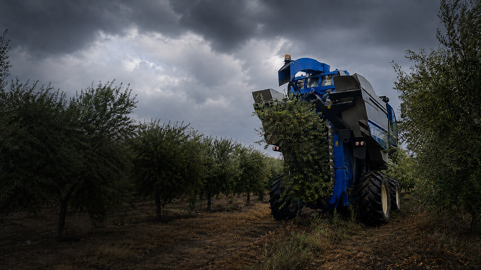 Maquinaria agrícola trabajando en un campo al atardecer